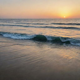 A mesmerizing view of a vast, serene sea, reflecting the hues of a setting sun with gentle waves rippling across its surface.