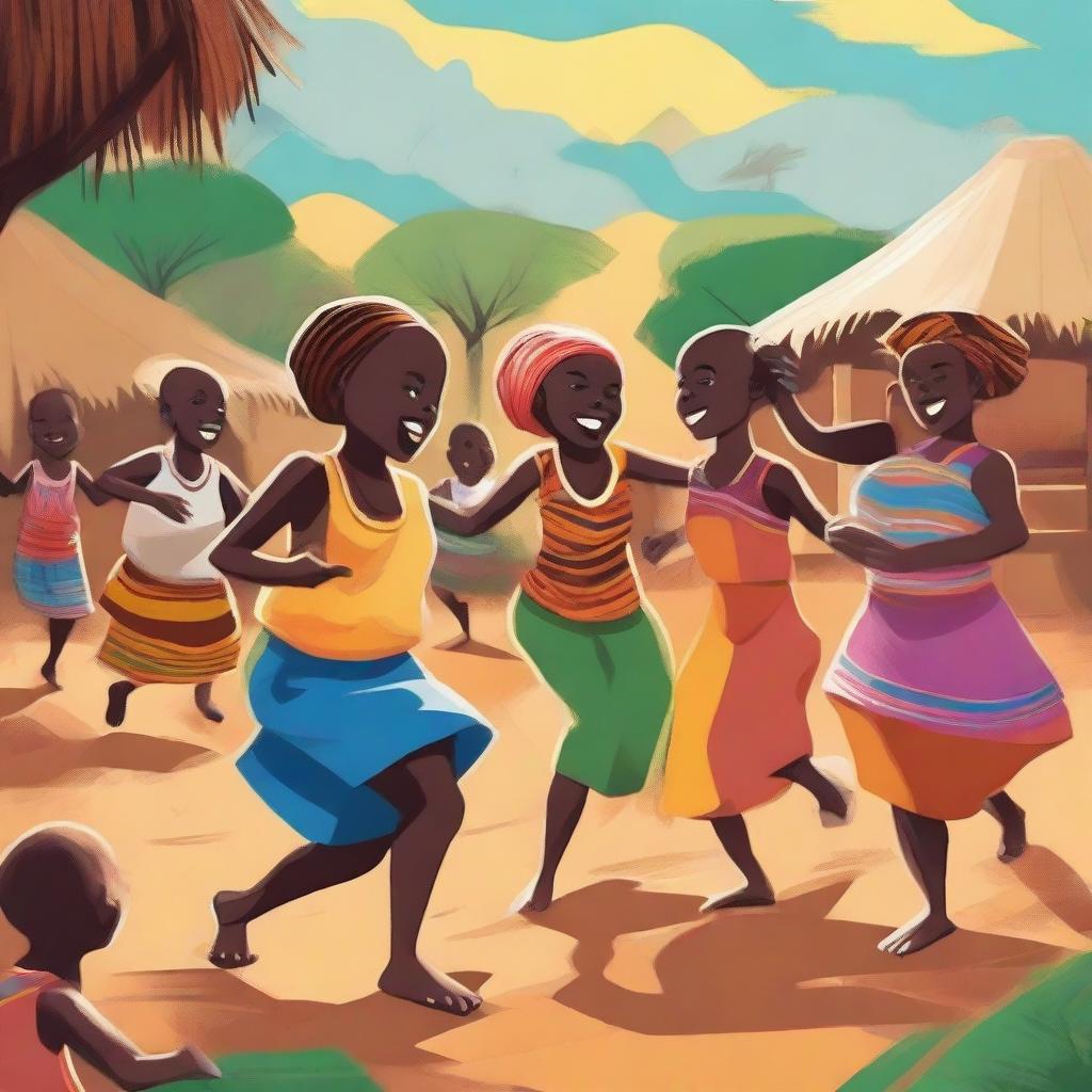 This high-quality, vibrant digital art captures a lively scene set in an African village