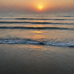 A mesmerizing view of a vast, serene sea, reflecting the hues of a setting sun with gentle waves rippling across its surface.