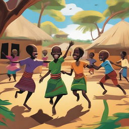 This high-quality, vibrant digital art captures a lively scene set in an African village