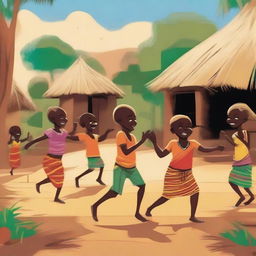 This high-quality, vibrant digital art captures a lively scene set in an African village