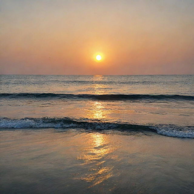 A mesmerizing view of a vast, serene sea, reflecting the hues of a setting sun with gentle waves rippling across its surface.