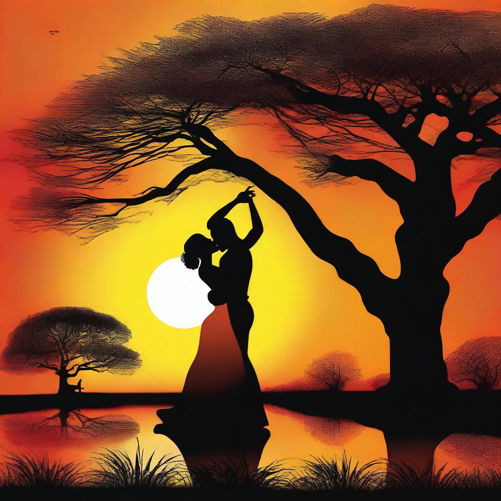 This high-quality digital art captures an intimate dance between a beautiful, sensuous woman and a man in an African setting