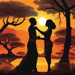 This high-quality digital art captures an intimate dance between a beautiful, sensuous woman and a man in an African setting