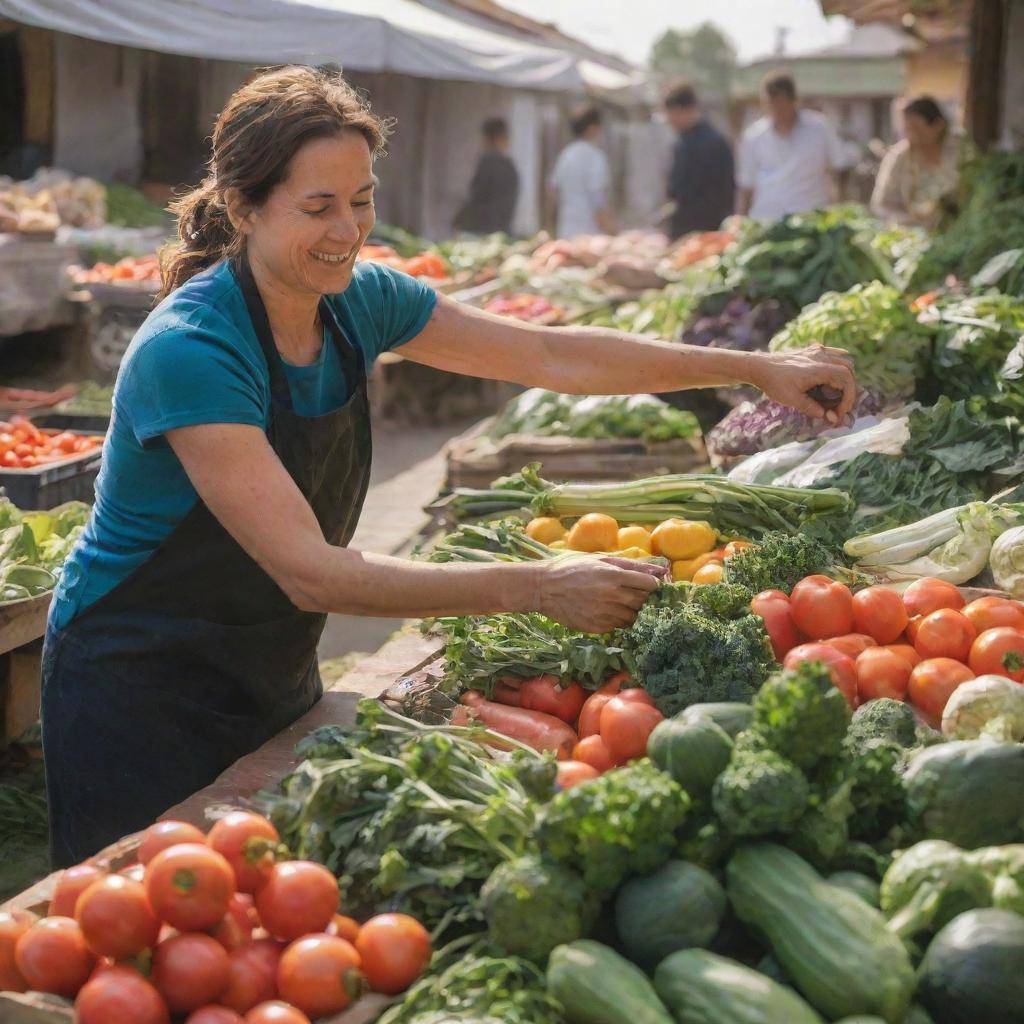 A bustling vegetable stall on a sunlit morning. An enthusiastic woman in her mid-thirties, Nina, is carefully arranging a variety of fresh, vibrant vegetables. Her energetic 10-year-old son, Rian, is happily assisting her.