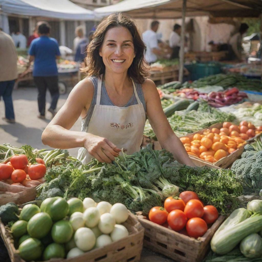 A bustling vegetable stall on a sunlit morning. An enthusiastic woman in her mid-thirties, Nina, is carefully arranging a variety of fresh, vibrant vegetables. Her energetic 10-year-old son, Rian, is happily assisting her.