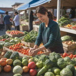 A bustling vegetable stall on a sunlit morning. An enthusiastic woman in her mid-thirties, Nina, is carefully arranging a variety of fresh, vibrant vegetables. Her energetic 10-year-old son, Rian, is happily assisting her.