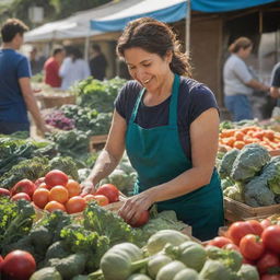 A bustling vegetable stall on a sunlit morning. An enthusiastic woman in her mid-thirties, Nina, is carefully arranging a variety of fresh, vibrant vegetables. Her energetic 10-year-old son, Rian, is happily assisting her.