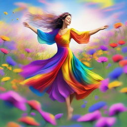 This stunning, high-quality digital art showcases a beautiful woman dancing in a field of wildflowers