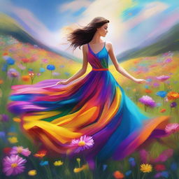 This stunning, high-quality digital art showcases a beautiful woman dancing in a field of wildflowers