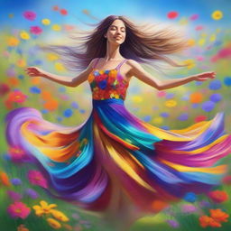 This stunning, high-quality digital art showcases a beautiful woman dancing in a field of wildflowers