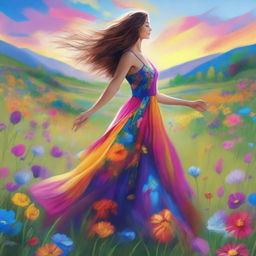 This stunning, high-quality digital art showcases a beautiful woman dancing in a field of wildflowers