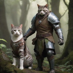 A half-orc character in fantasy armor, standing protectively next to a graceful, striped cat, in a magical forest setting.