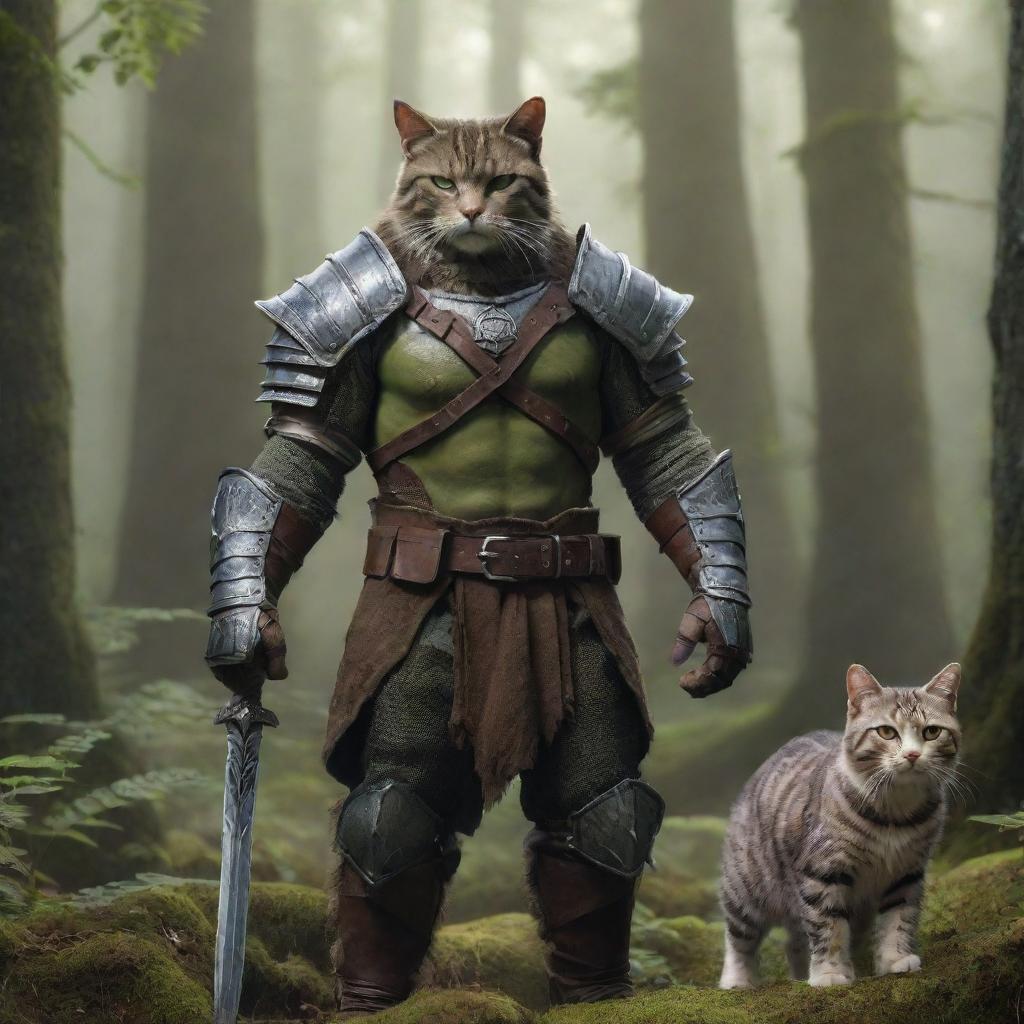 A half-orc character in fantasy armor, standing protectively next to a graceful, striped cat, in a magical forest setting.