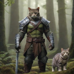 A half-orc character in fantasy armor, standing protectively next to a graceful, striped cat, in a magical forest setting.