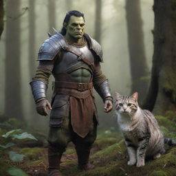 A half-orc character in fantasy armor, standing protectively next to a graceful, striped cat, in a magical forest setting.