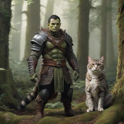 A half-orc character in fantasy armor, standing protectively next to a graceful, striped cat, in a magical forest setting.