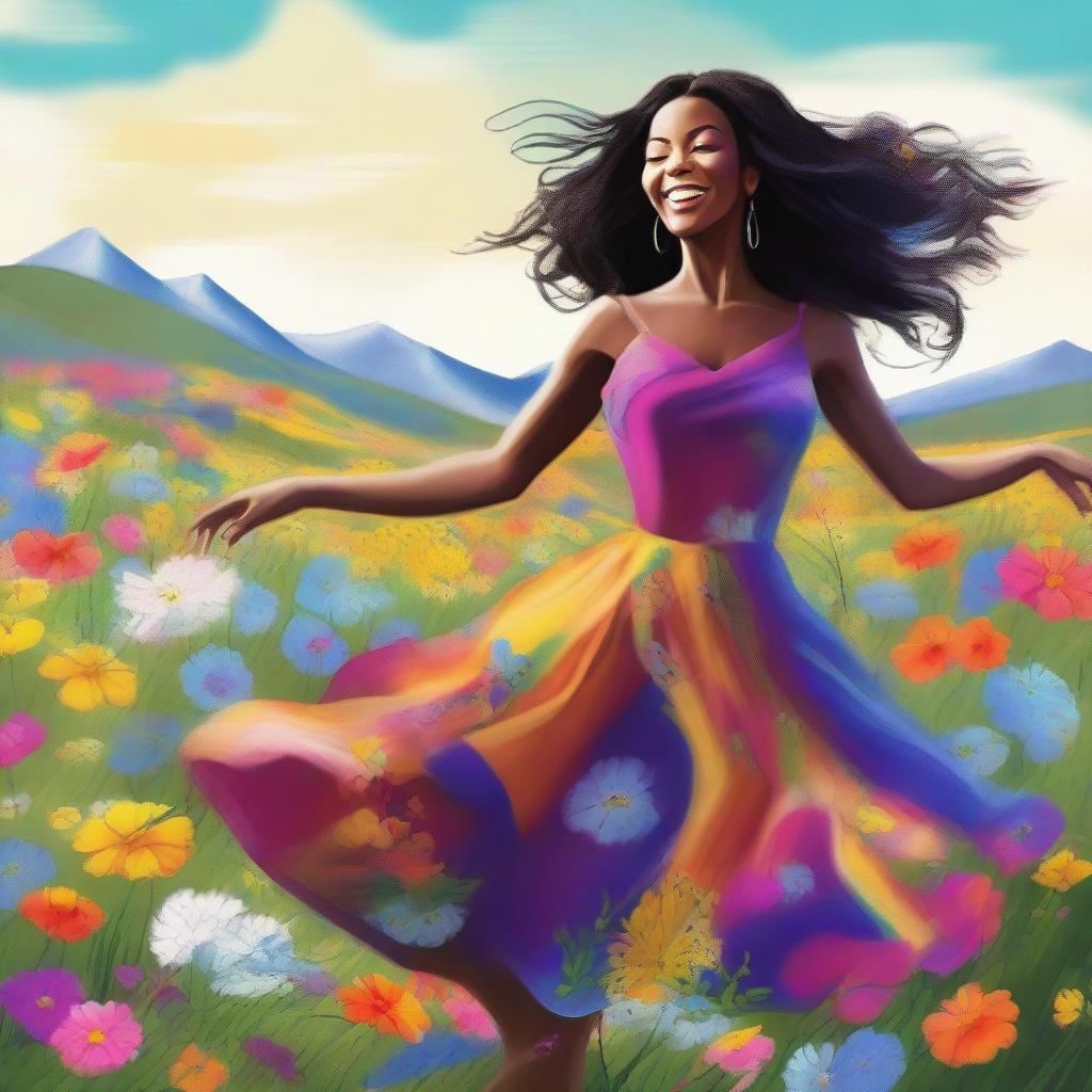 This digital art of the highest quality presents a beautiful black woman dancing in a field of wildflowers