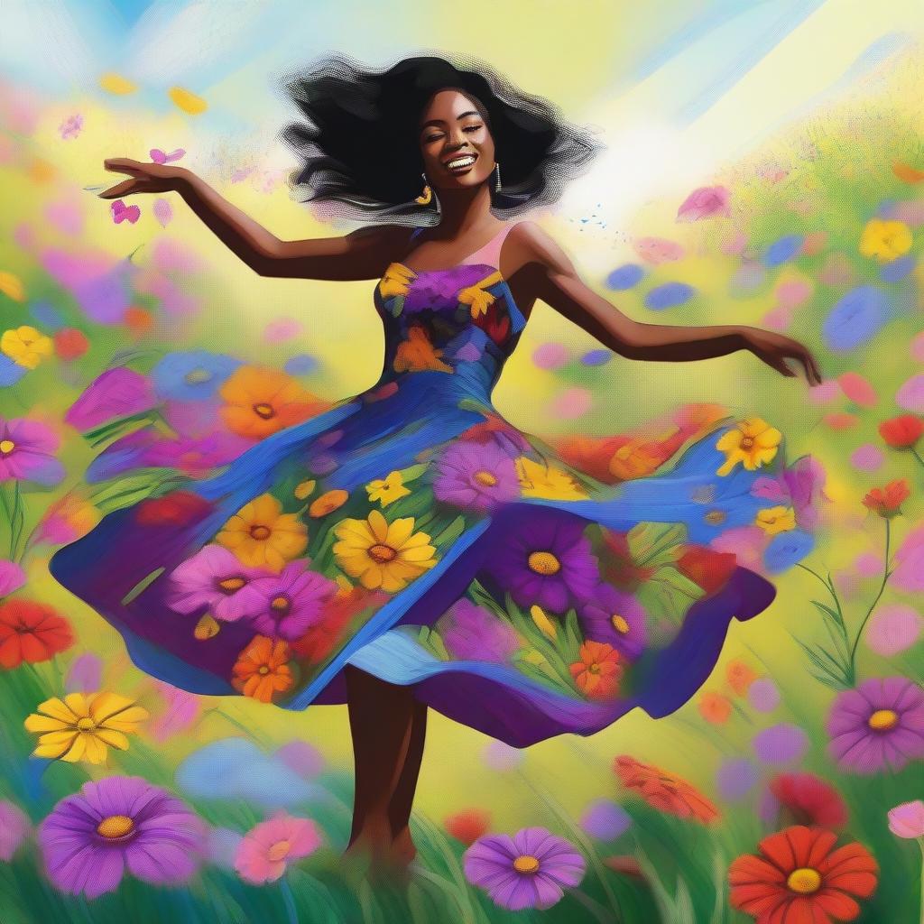 This digital art of the highest quality presents a beautiful black woman dancing in a field of wildflowers