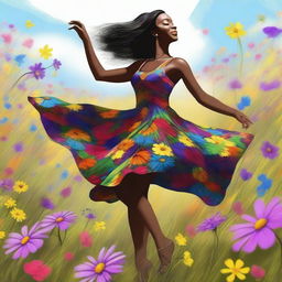 This digital art of the highest quality presents a beautiful black woman dancing in a field of wildflowers