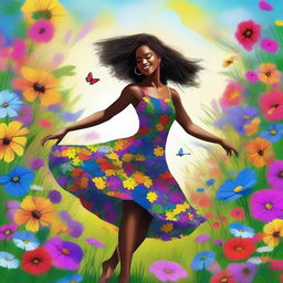 This digital art of the highest quality presents a beautiful black woman dancing in a field of wildflowers