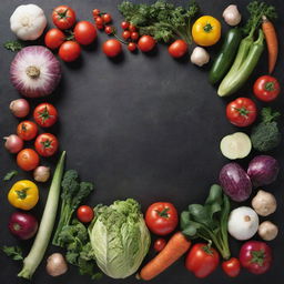 A back cover of a vegetable cookbook, featuring an assortment of fresh, vibrant vegetables artistically arranged. Include a text area for recipe descriptions or blurbs.