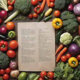 A back cover of a vegetable cookbook, featuring an assortment of fresh, vibrant vegetables artistically arranged. Include a text area for recipe descriptions or blurbs.