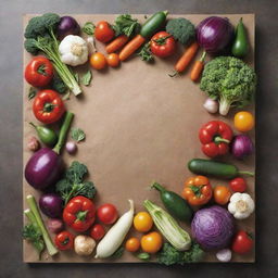 A back cover of a vegetable cookbook, featuring an assortment of fresh, vibrant vegetables artistically arranged. Include a text area for recipe descriptions or blurbs.