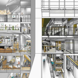 Cross-section illustration of a building showcasing an offset printing company in the first basement and a bakery production company in the second basement, bustling with activity.