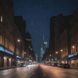 A sprawling cityscape under a star-studded night sky, devoid of a moon. Glowing lights emanate from the architectural grandeur and street lights, casting ethereal reflections on the smooth surfaces of buildings and roads.