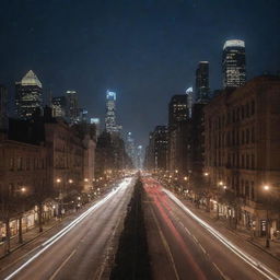 A sprawling cityscape under a star-studded night sky, devoid of a moon. Glowing lights emanate from the architectural grandeur and street lights, casting ethereal reflections on the smooth surfaces of buildings and roads.