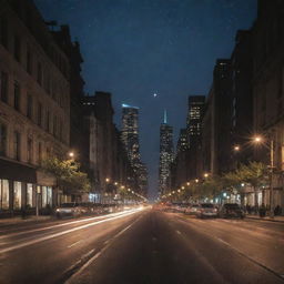 A sprawling cityscape under a star-studded night sky, devoid of a moon. Glowing lights emanate from the architectural grandeur and street lights, casting ethereal reflections on the smooth surfaces of buildings and roads.