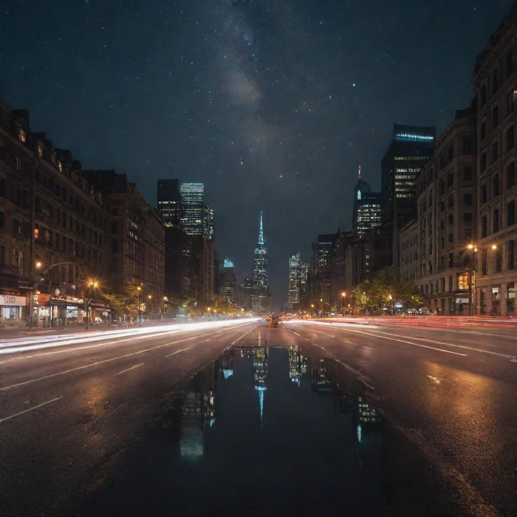 A sprawling cityscape under a star-studded night sky, devoid of a moon. Glowing lights emanate from the architectural grandeur and street lights, casting ethereal reflections on the smooth surfaces of buildings and roads.