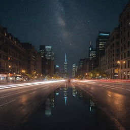 A sprawling cityscape under a star-studded night sky, devoid of a moon. Glowing lights emanate from the architectural grandeur and street lights, casting ethereal reflections on the smooth surfaces of buildings and roads.