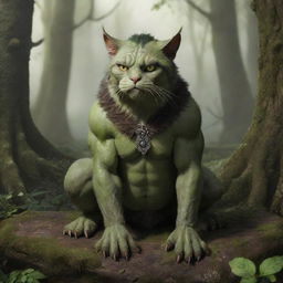 A unique creature which is a fusion of a half-orc and a cat. Its body displays features of both species, with feline agility and orcish strength, sitting in a mystical forest.