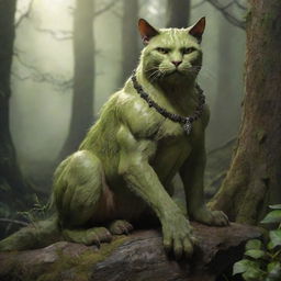 A unique creature which is a fusion of a half-orc and a cat. Its body displays features of both species, with feline agility and orcish strength, sitting in a mystical forest.