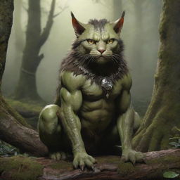 A unique creature which is a fusion of a half-orc and a cat. Its body displays features of both species, with feline agility and orcish strength, sitting in a mystical forest.