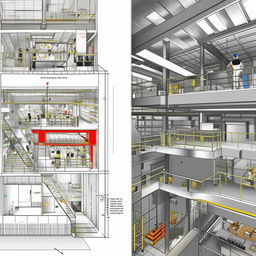 Cross-section illustration of a building showcasing an offset printing company in the first basement and a bakery production company in the second basement, bustling with activity.