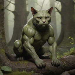 A unique creature which is a fusion of a half-orc and a cat. Its body displays features of both species, with feline agility and orcish strength, sitting in a mystical forest.