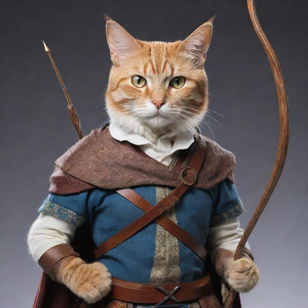 An elegant cat-human hybrid, dressed in adventurers attire, gracefully holding a bow and arrow, ready for action. The cat person's eyes are radiant, reflecting the wisdom and courage within.