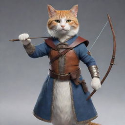 An elegant cat-human hybrid, dressed in adventurers attire, gracefully holding a bow and arrow, ready for action. The cat person's eyes are radiant, reflecting the wisdom and courage within.