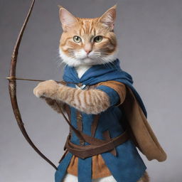 An elegant cat-human hybrid, dressed in adventurers attire, gracefully holding a bow and arrow, ready for action. The cat person's eyes are radiant, reflecting the wisdom and courage within.