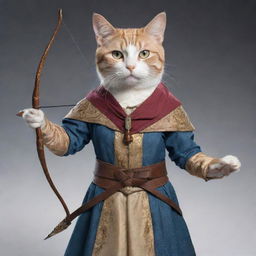 An elegant cat-human hybrid, dressed in adventurers attire, gracefully holding a bow and arrow, ready for action. The cat person's eyes are radiant, reflecting the wisdom and courage within.