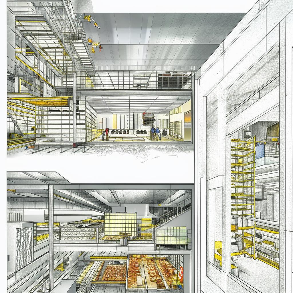 Cross-section illustration of a building showcasing an offset printing company in the first basement and a bakery production company in the second basement, bustling with activity.