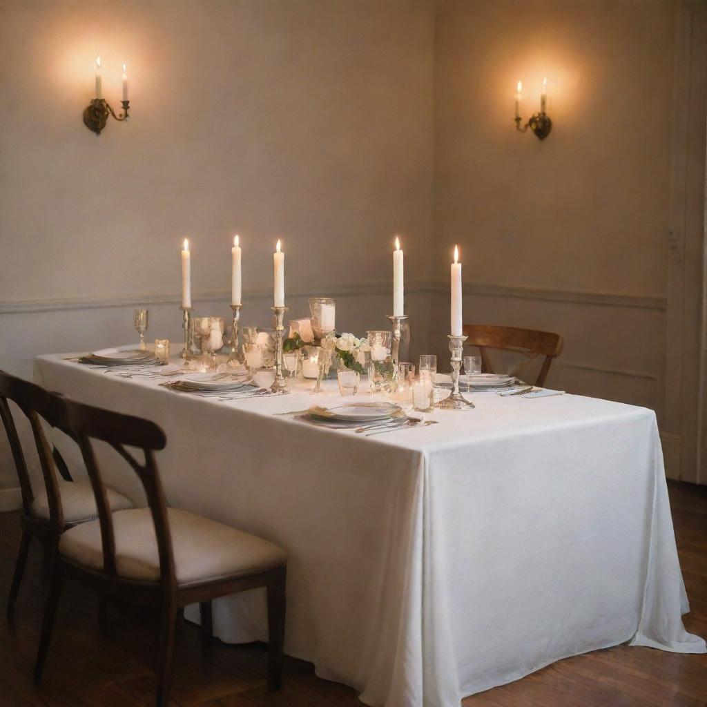 A vintage-style room featuring an elegantly set table draped with a white tablecloth, adorned with glowing white candles.