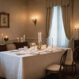 A vintage-style room featuring an elegantly set table draped with a white tablecloth, adorned with glowing white candles.