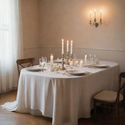 A vintage-style room featuring an elegantly set table draped with a white tablecloth, adorned with glowing white candles.