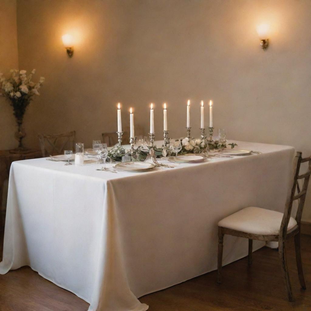 A vintage-style room featuring an elegantly set table draped with a white tablecloth, adorned with glowing white candles.