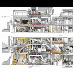 Cross-section illustration of a building showcasing an offset printing company in the first basement and a bakery production company in the second basement, bustling with activity.