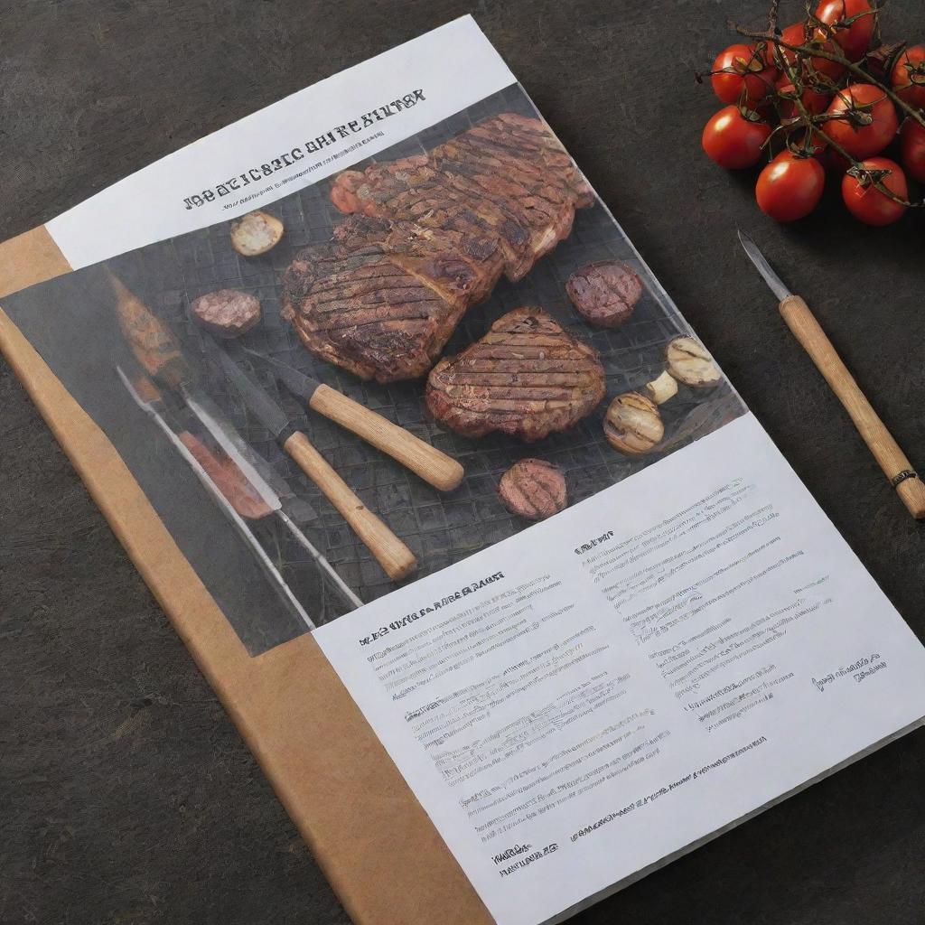 Back cover of a professional grilling cookbook, featuring BBQ tools and smoky, grilled recipes.